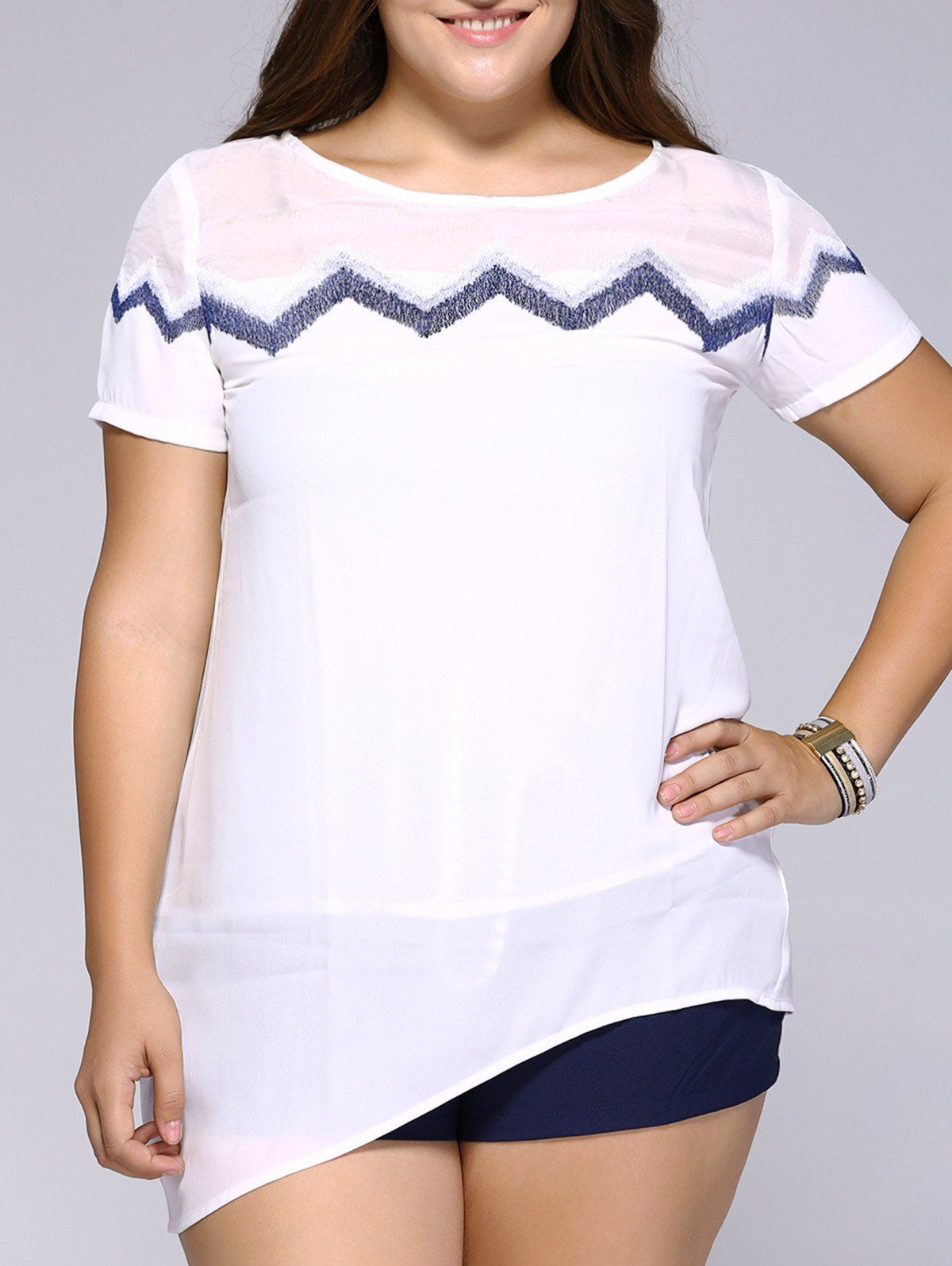 

Plus Size Fashionable Embroidered Asymmetrical Blouse, White