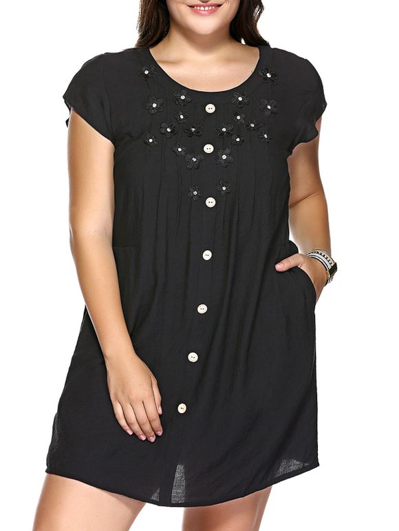 Ladylike Plus Size Stereo Flower Design Pétale femmes manches de robe - Noir 3XL