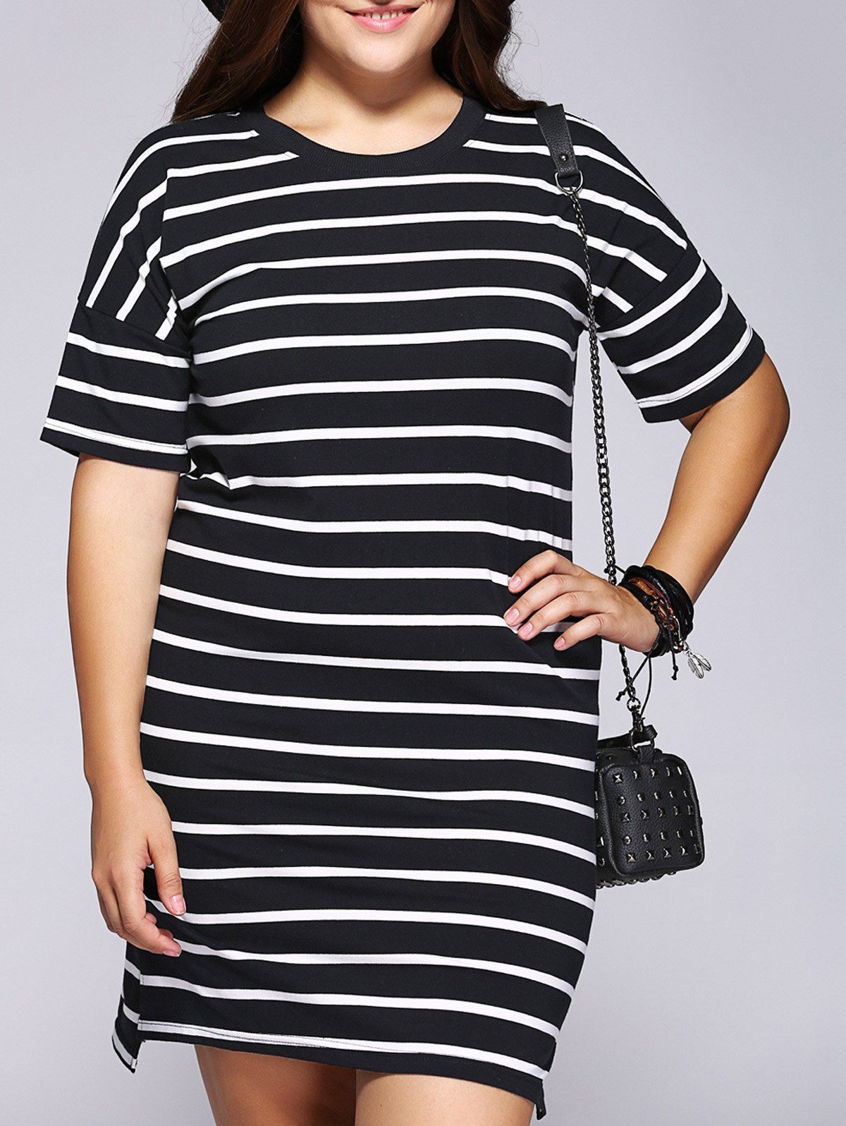 

Casual Plus Size Striped Side Slit Shift Dress, Stripe