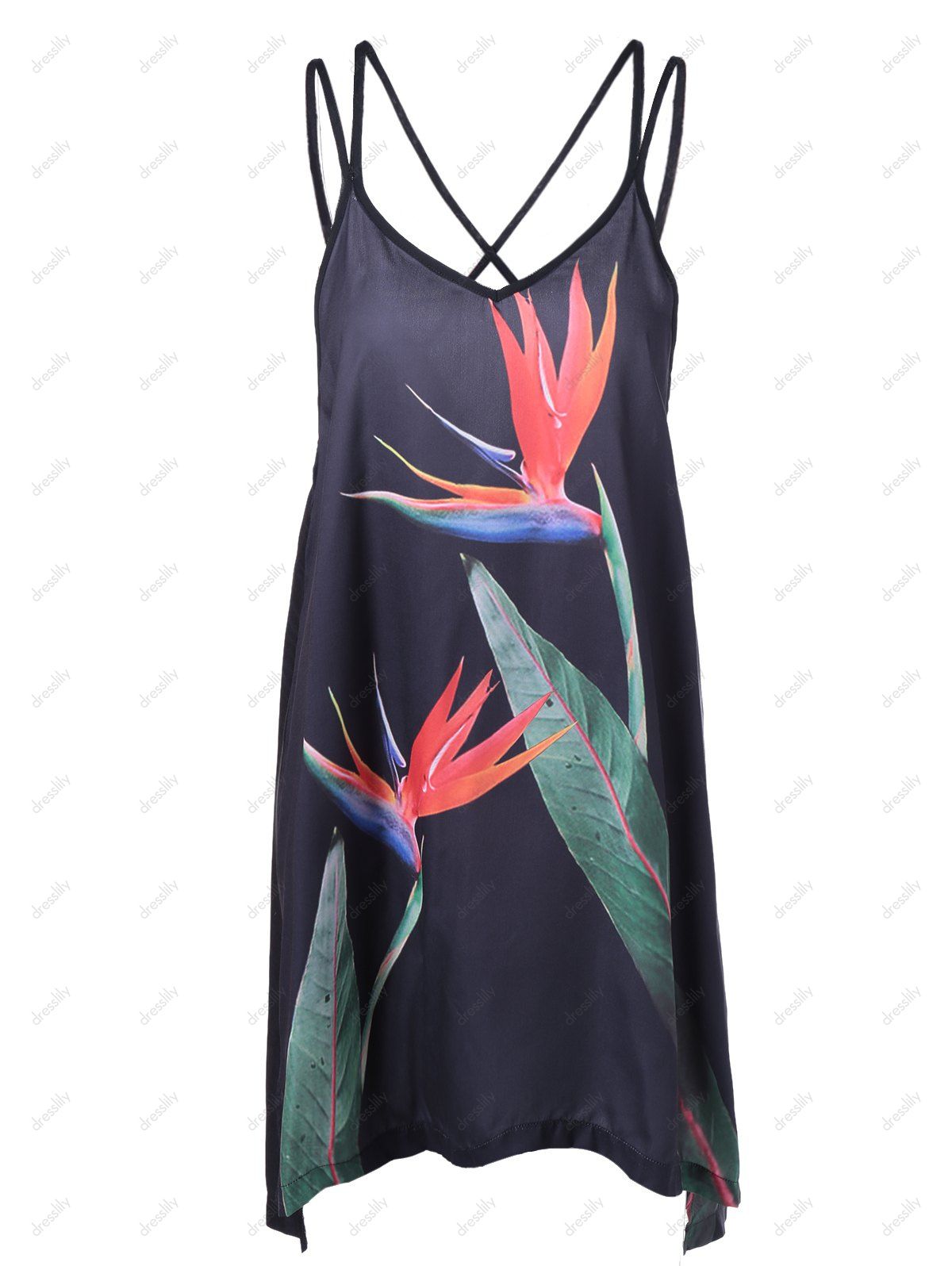 

Fashionable Women's Spaghetti Strap Cross Backless Printing Dress, Black