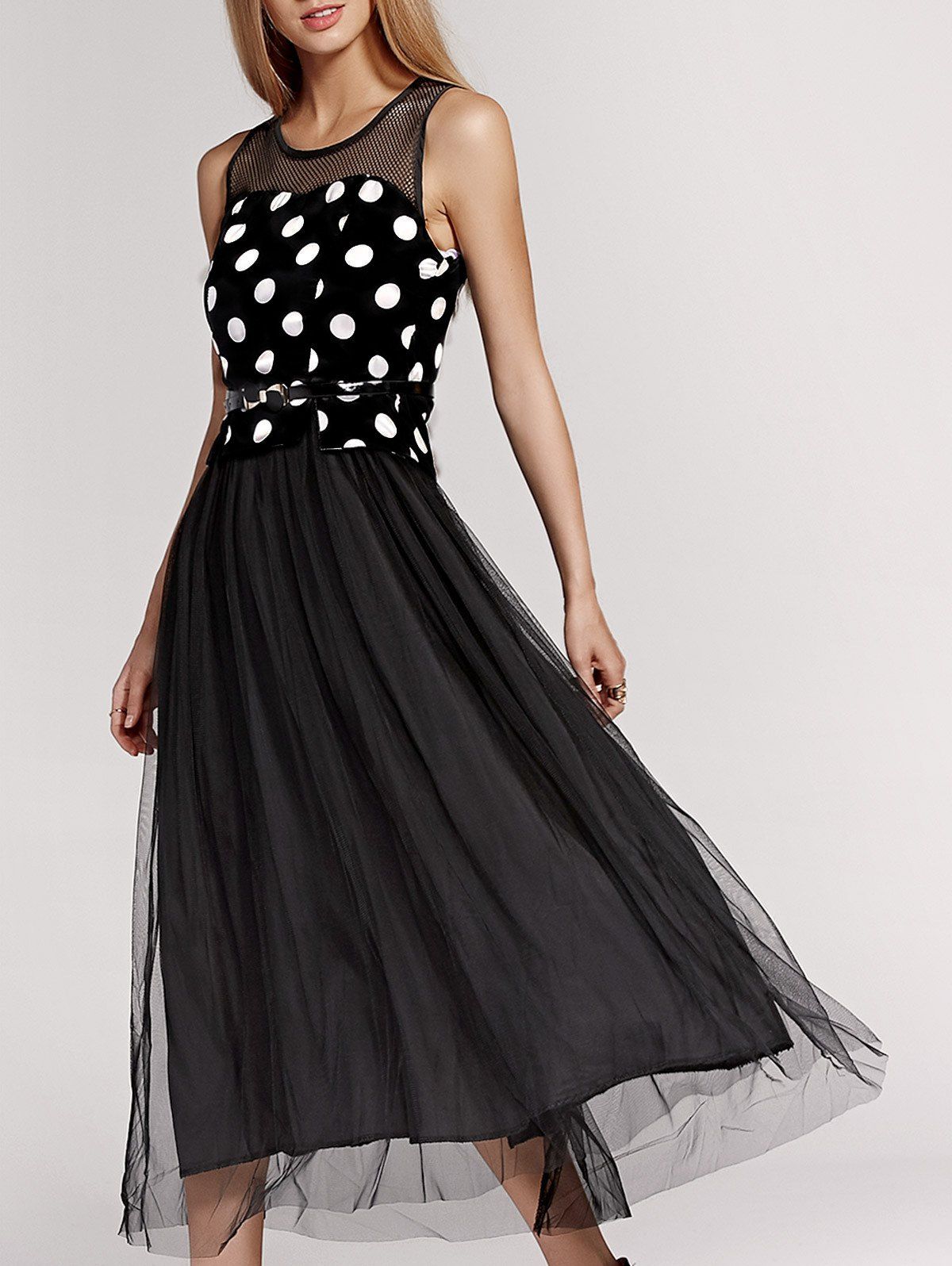 [41 OFF] 2021 Sweet Gauze Spliced Polka Dot Sleeveless Pleated Dress