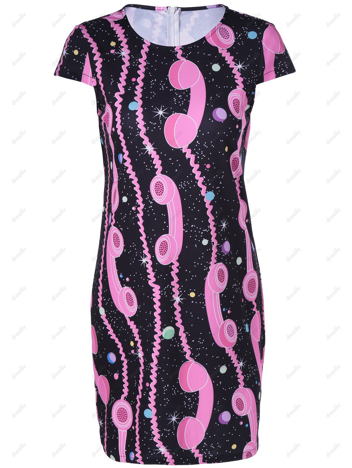 

Fashionable Women's Short Sleeves Round Collar Printing Dress, Black + rose, Fashionable Women' Short Sleeves Round Collar Printing Dress, Black + rose