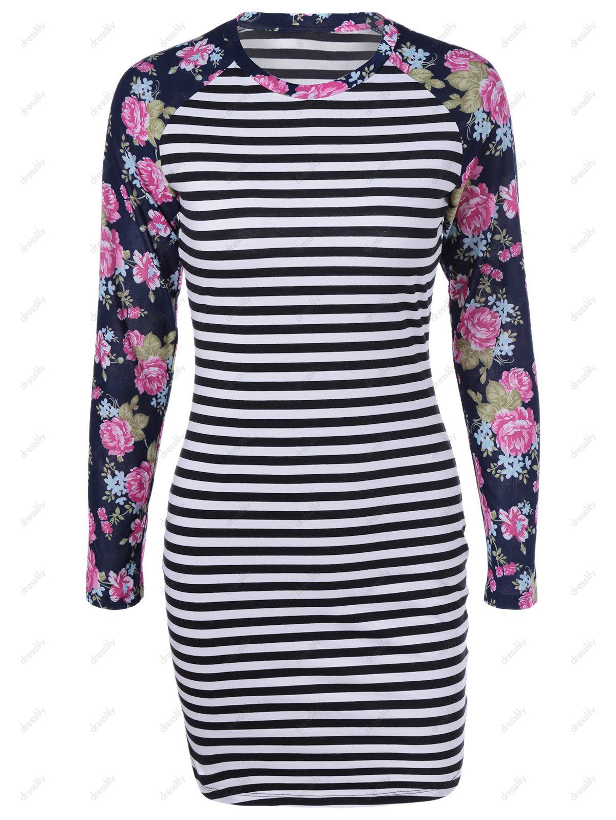 

Fashionable Long Sleeves Printing Splice Striped Round Collar Dress For Women, White and black