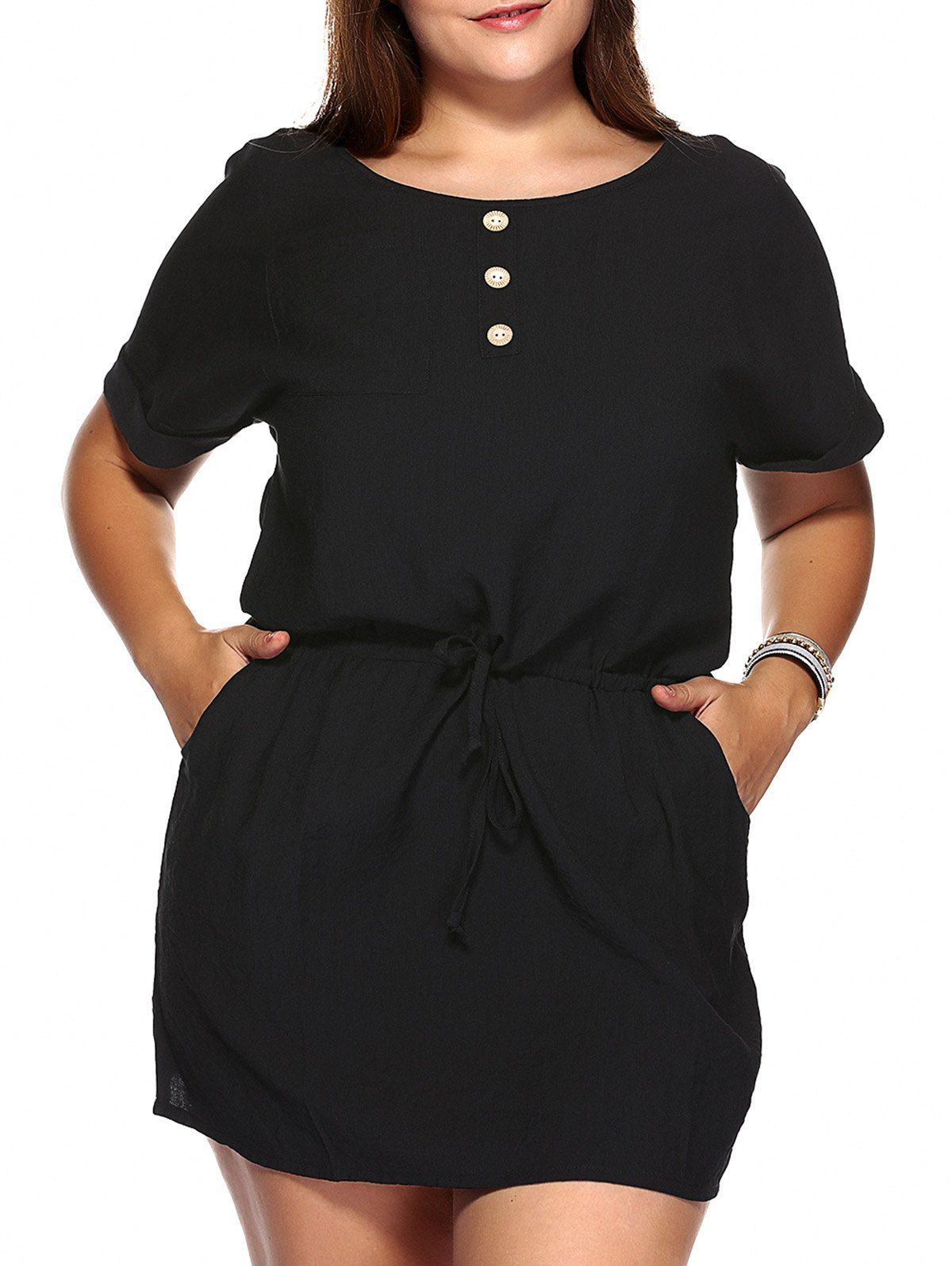 

Casual Plus Size Drawstring Cuffed Sleeve Dress, Black