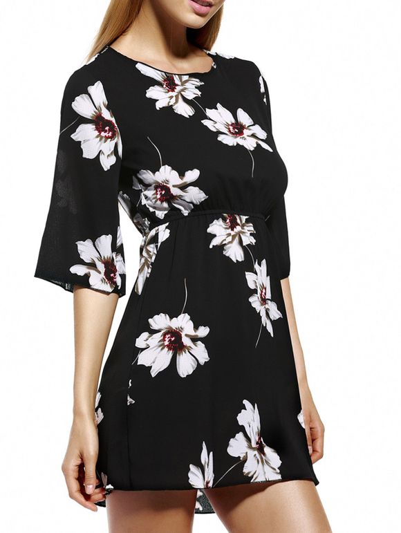 Robe à Imprimé Floral à Taille élastique pour Femme - Noir 2XL