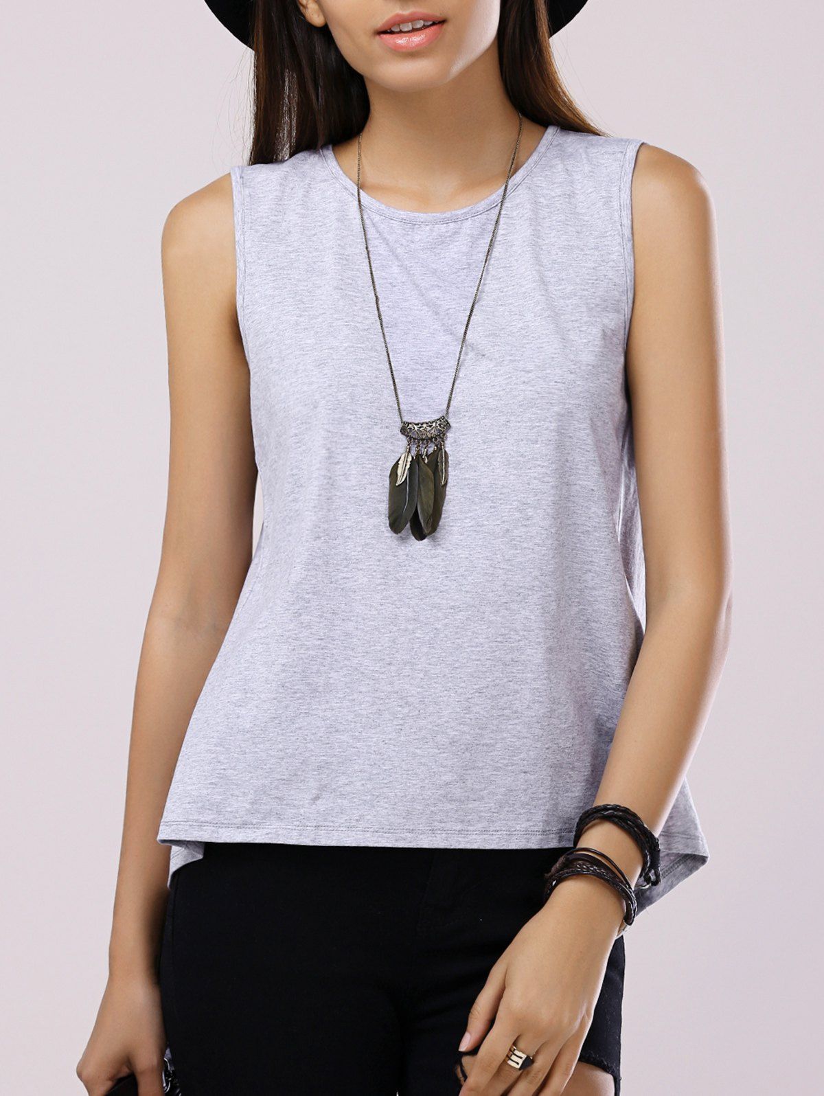 

Fashionable Women's Round Neck Sleeveless Back Split Back Split Tank Top, Light gray