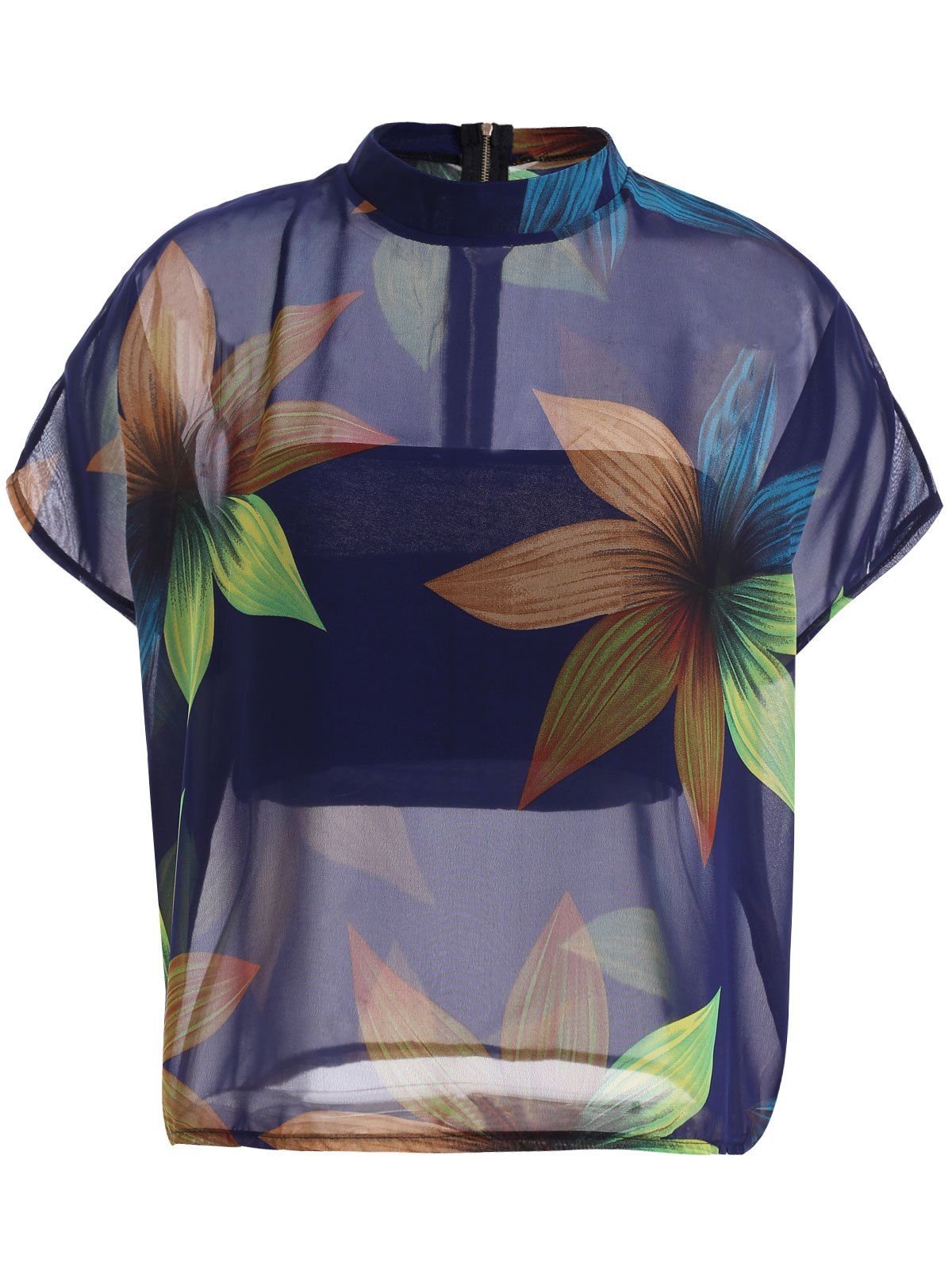 

Chic Leaves Printed Chiffon Blouse For Women, Purplish blue