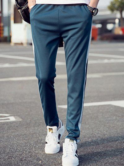 

Men's Elastic Waist Stripes Embellishment Beam Feet Pants, Denim blue