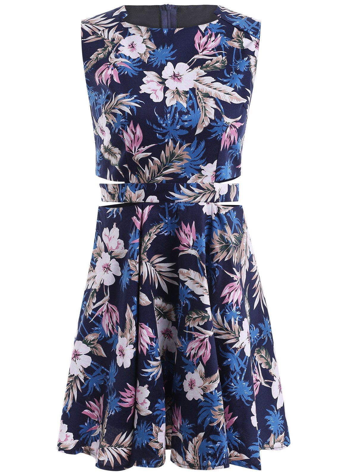 

Vintage Floral Print Hollow Out Pleated Dress, Purplish blue