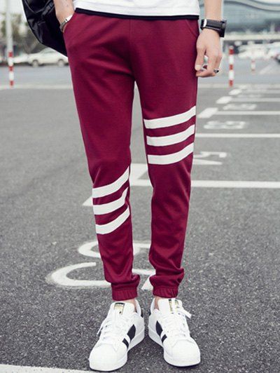 

Men's Elastic Waist Stripes Pattern Jogger Pants, Wine red