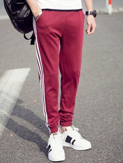 

Men's Elastic Waist Stripes Embellishment Jogger Pants, Wine red