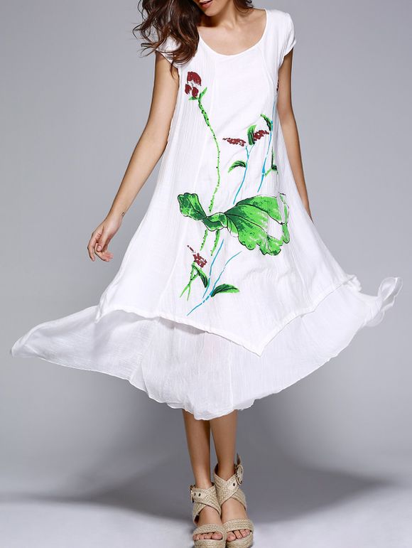 Chinese Style manches courtes irrégulière Robe imprimée - Blanc XL