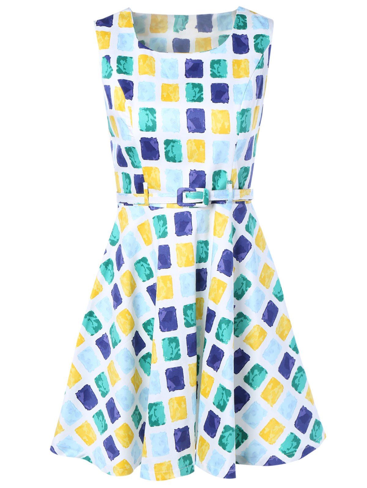 

Colorful Diamonds Print Sleeveless Dress, Yellow and green