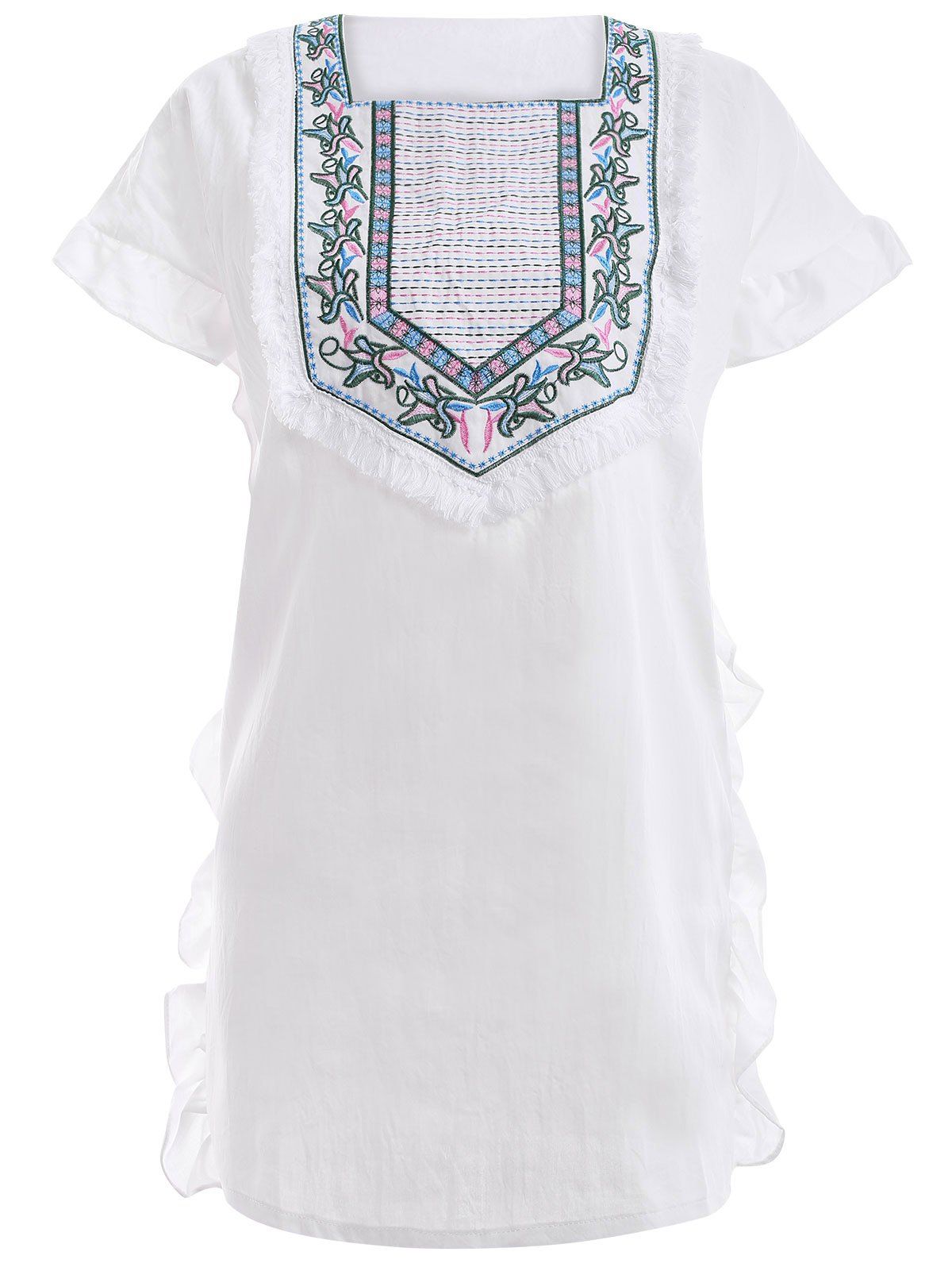 

Tribal Pattern Embroidered Flounce White Mini Dress