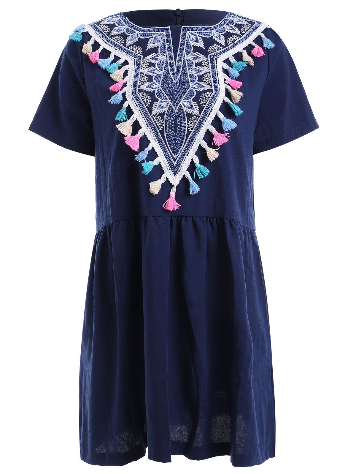 

Tribal Pattern Embroidered Tassels Mini Dress, Purplish blue