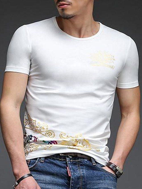 

Abstract Golden Printing Slimming Men's Round Neck Short Sleeves T-Shirt, White