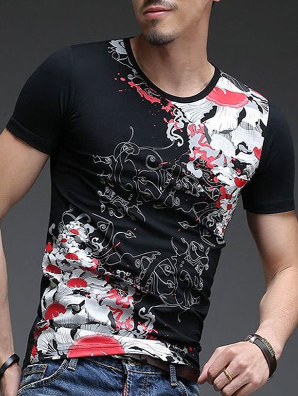 Slimming Fashion Round Neck Abstract Printing Men's Short Sleeves T-Shirt - Noir 4XL