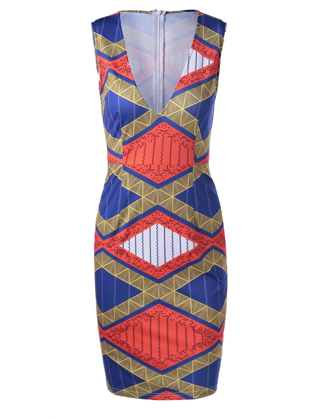 

Ethnic Style Women's Fitted V-Neck Geometric Print Dress, Earthy