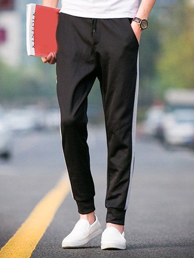 

Men's Hot Sale Elastic Waist Stripes Embellishment Jogger Pants, Black
