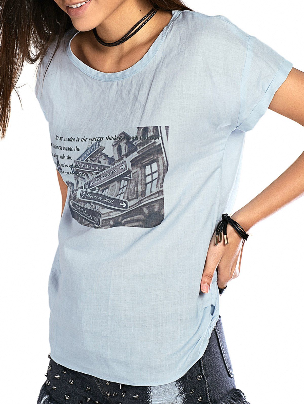 

City Print Linen Blouse, Light blue