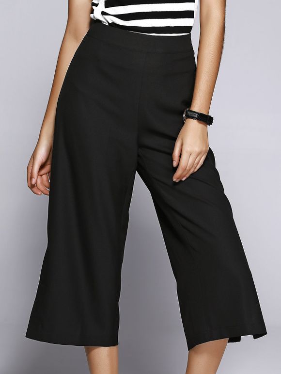 Charme taille élastique Slit Capri à jambes larges pantalons pour femmes - Noir XS