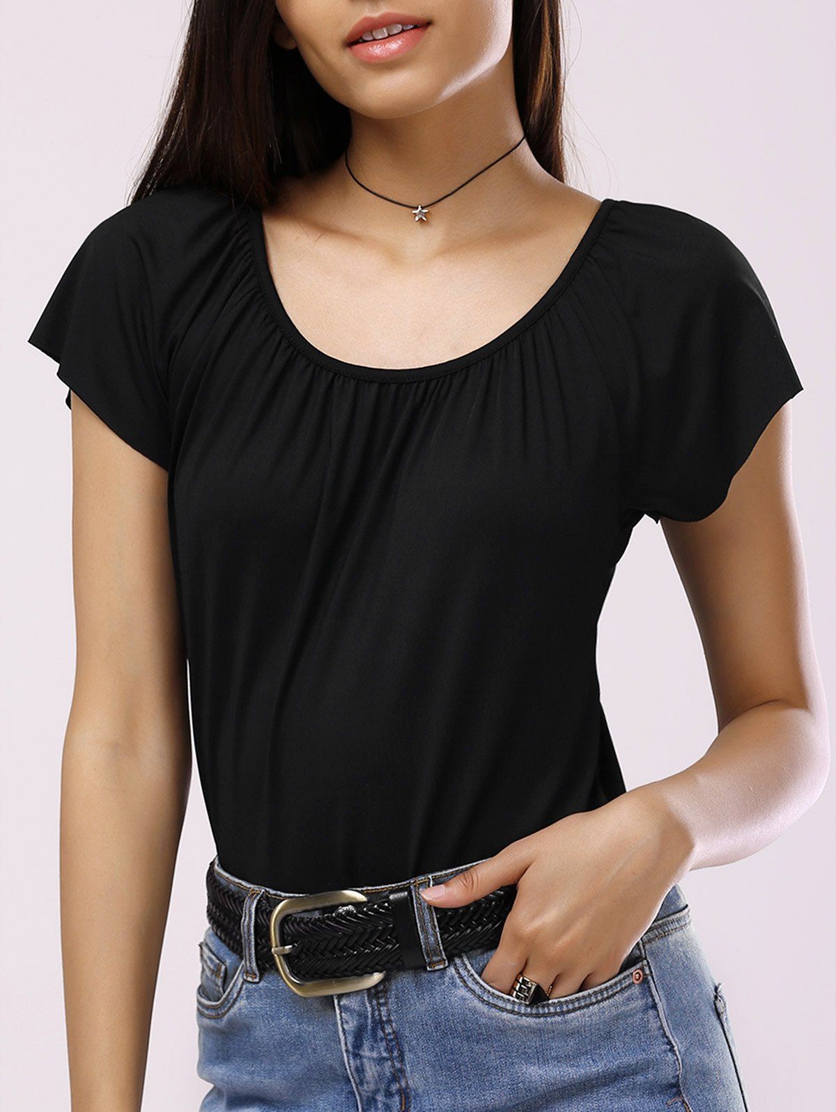 

Brief Scoop Neck Solid Color Pleated Women's T-Shirt, Black
