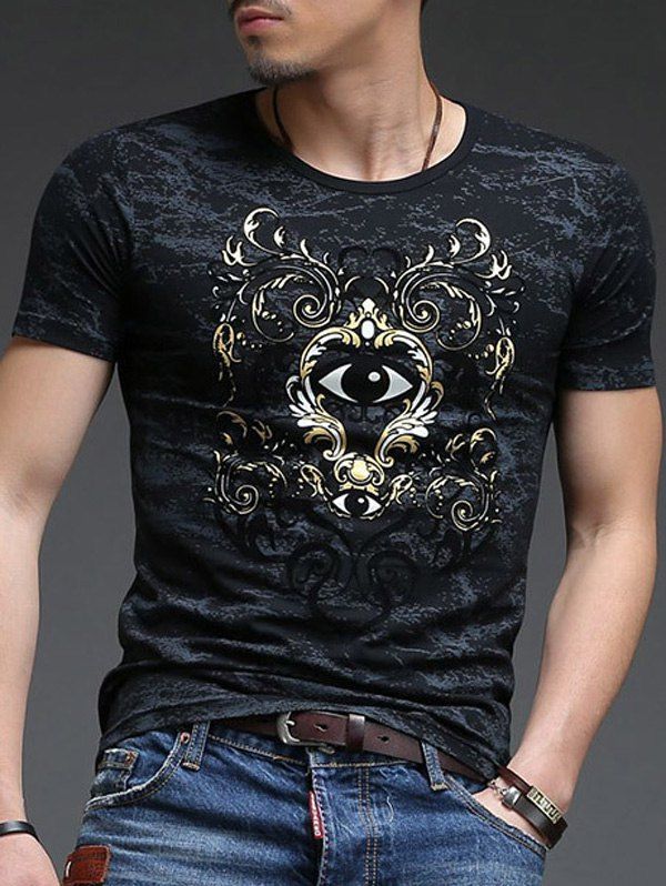 

Casual Round Neck Eye Printing Slimming Men's Short Sleeves T-Shirt, Black