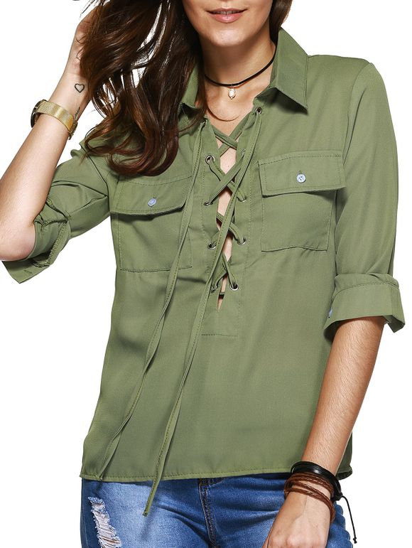 Simple Design Women's Lace Up Long Sleeves Blouse - Olive Verte L