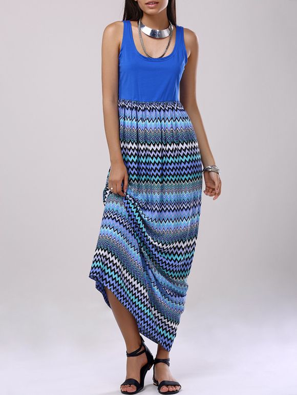 U-Neck Color Block Splice Stripe Robe de femmes à la mode - Bleu Saphir XL