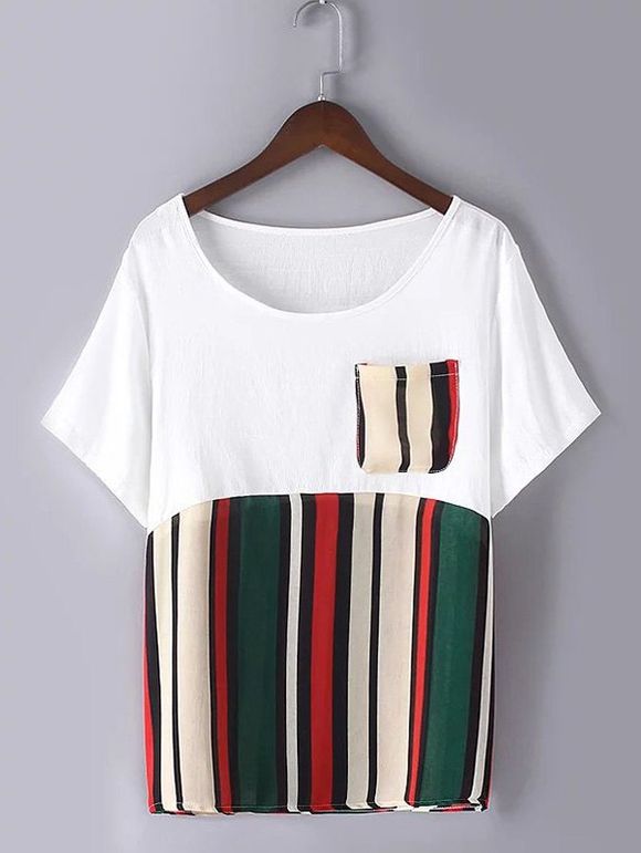 Casual Plus Size Pocket Hit Color Striped T-Shirt - Vert XL