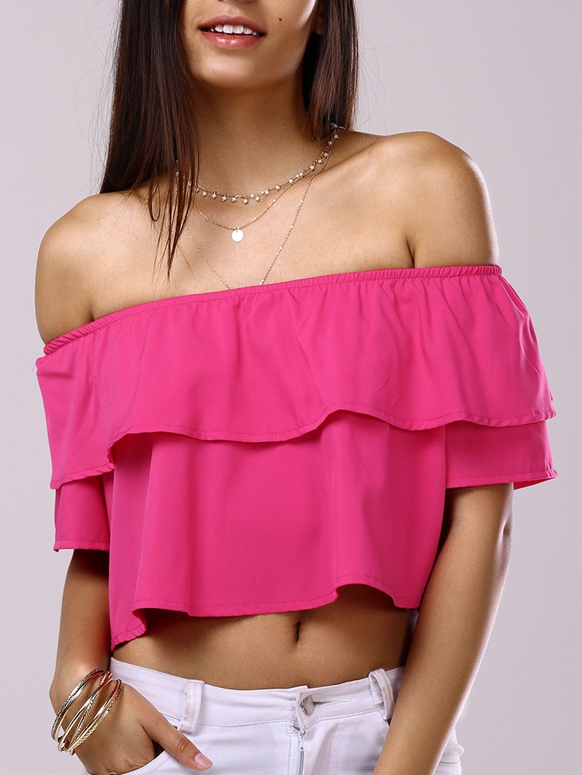 

Off-The-Shoulder Pure Color Ruffles Blouse, Rose madder