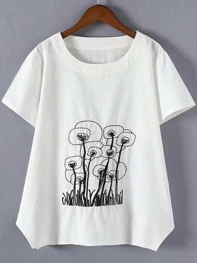 Brief Plus Size Embroidered Asymmetrical T-Shirt - Blanc 4XL