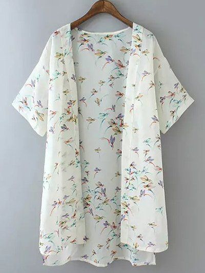 

Plus Size Bird Print High Low Hem Kimono, White