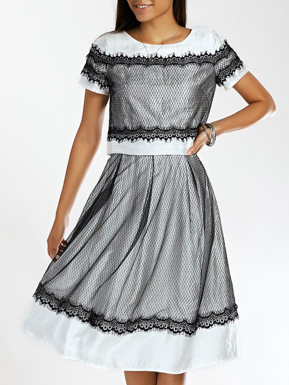 Femmes Élégant  's Jewel Neck Lace Top et A-Line Skirt Set Robe - Blanc et Noir XL