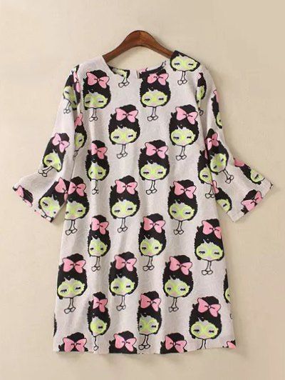 

Cute Plus Size 3/4 Sleeve Cartoon Print Dress, Colormix