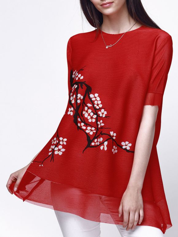 Casual Style Women's Jewel Neck Short Sleeve Floral Print Ribbed Blouse - Rouge ONE SIZE(FIT SIZE XS TO M)