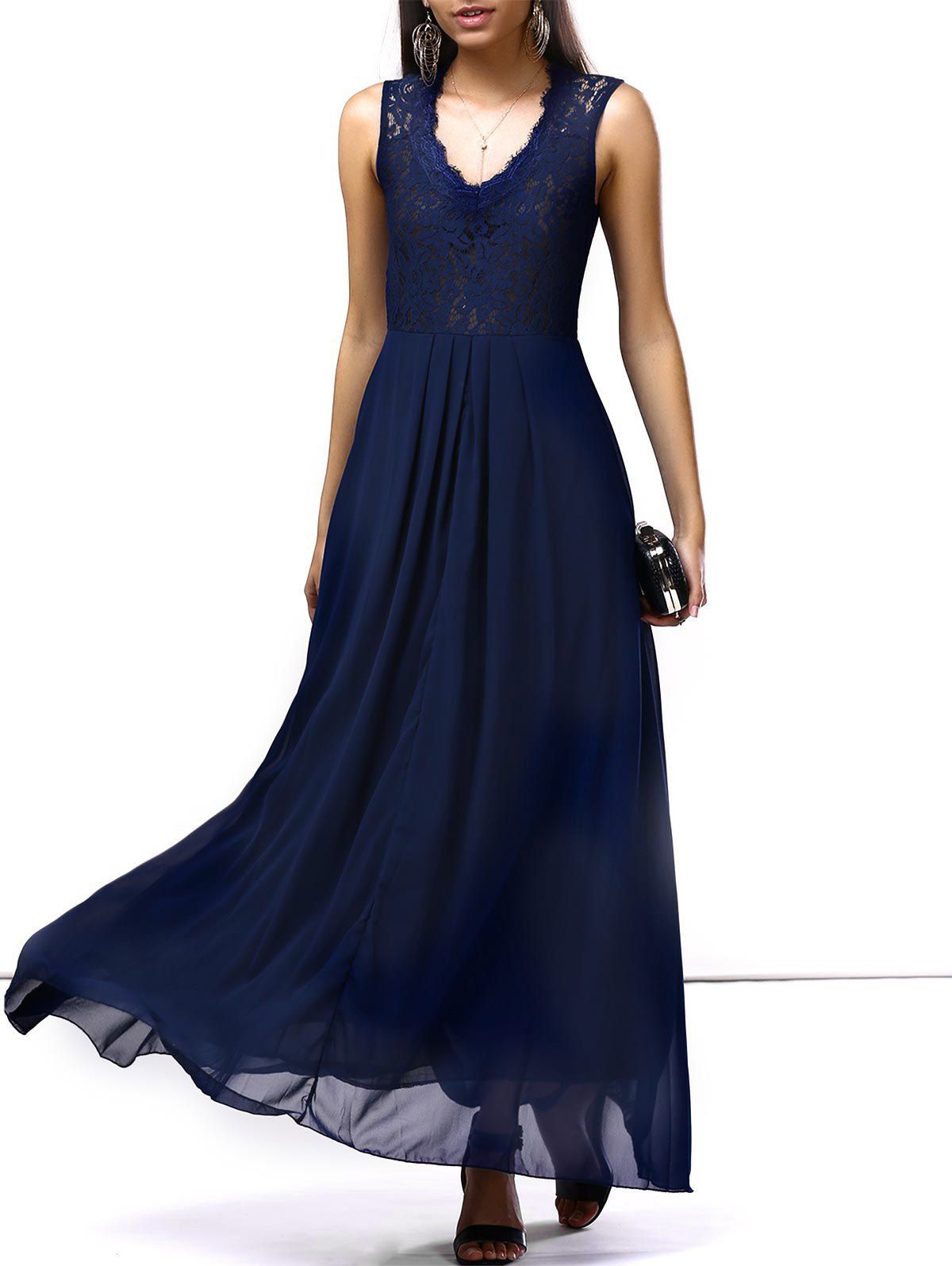 

Lace Panel Chiffon Long Formal Dress, Deep blue