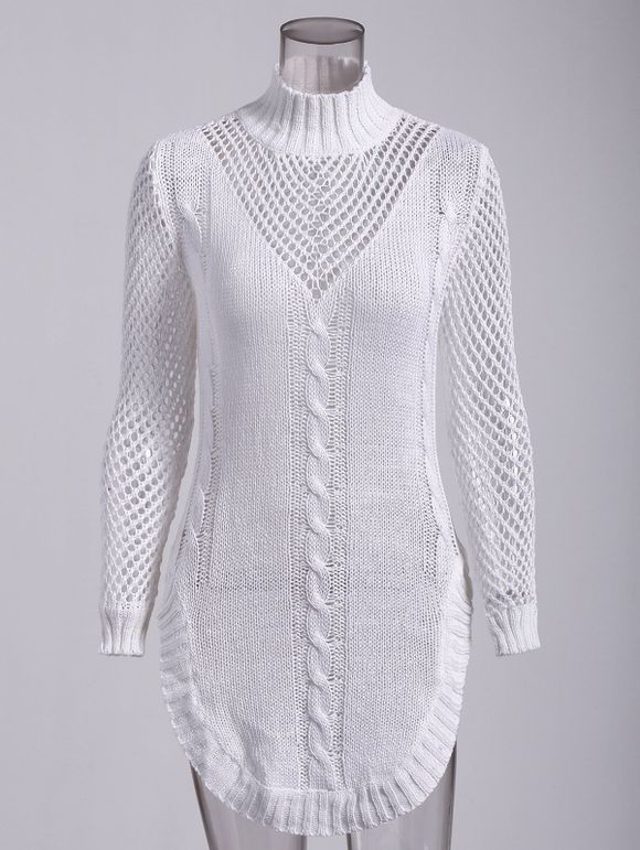 Mini Robe en Maille Longues Manches avec Découpes Embellies - Blanc S
