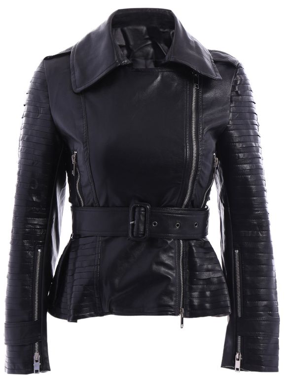 Chic Long Sleeve Pure Color Belted PU JacketFor Women - Noir L