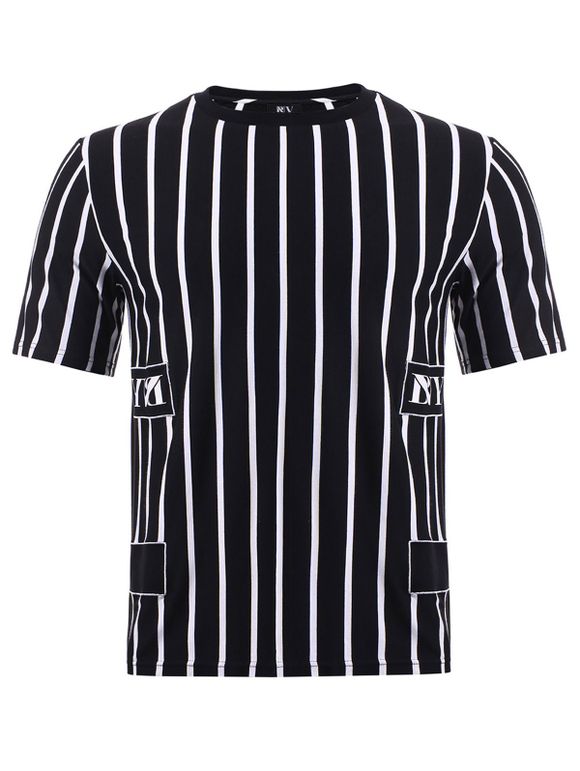 Color Block col rond rayures Aménagée manches courtes en coton T-shirt - Rayure XL