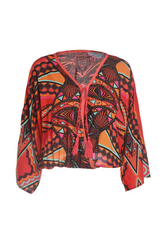 Ethnique Cross-Over Collar manches longues Motif tribal lacets ample Blouse femmes - Orange ONE SIZE(FIT SIZE XS TO M)