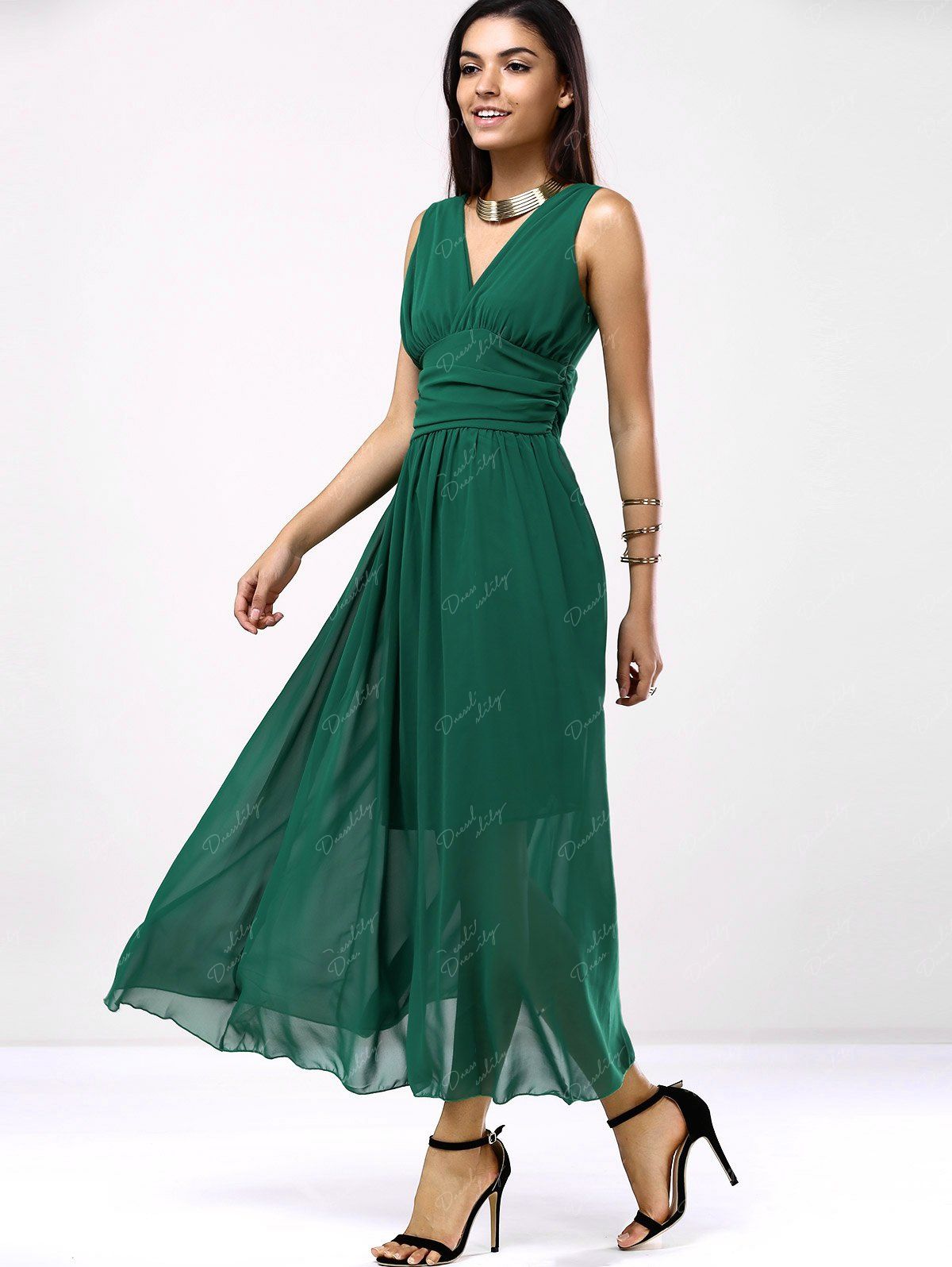 Chic Ruched Empire Waist Women s Chiffon Dress GREEN S In Maxi 