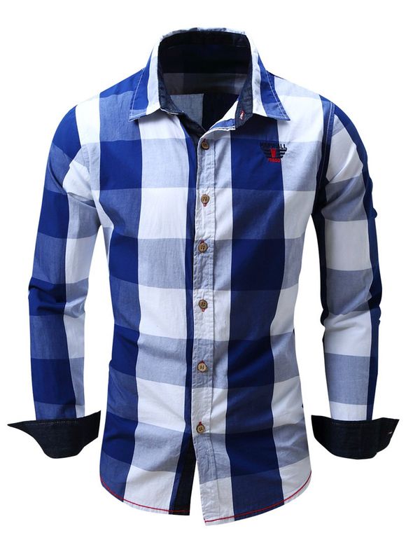 Chemise à Longues Manches avec Col Rabattu Motif Plaid pour Hommes - Bleu 2XL