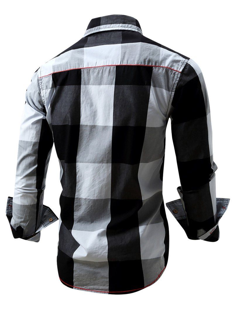 2018 Men's Turn-Down Collar Plaid Pattern Long Sleeve Shirt BLACK XL In ...