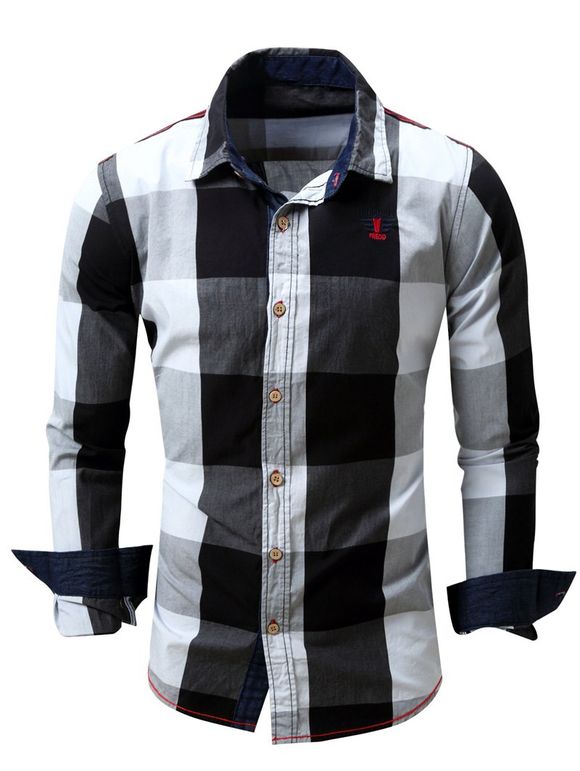Chemise à Longues Manches avec Col Rabattu Motif Plaid pour Hommes - Noir XL