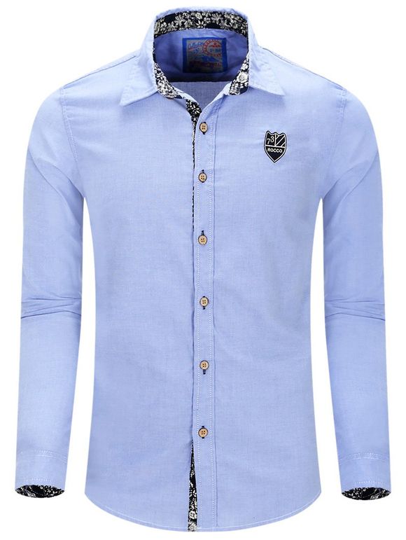 Chemise Longue Manches à Col Rabattu avec Broderie pour Hommes - Bleu clair XL