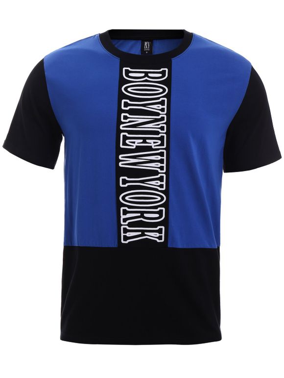 T-shirt couleur Bloc col rond Lettres d'impression Aménagée manches courtes en coton - Bleu et Noir S