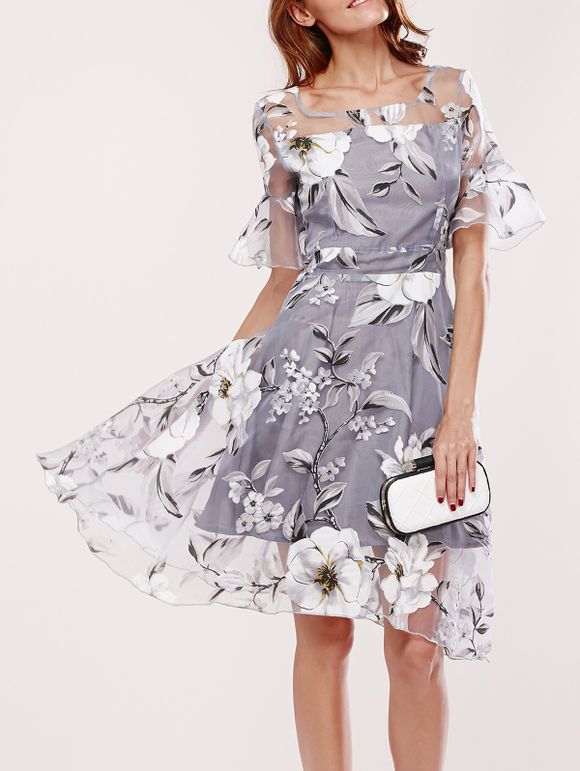 Flare Sleeve Floral épissage Robe imprimée - Gris XL