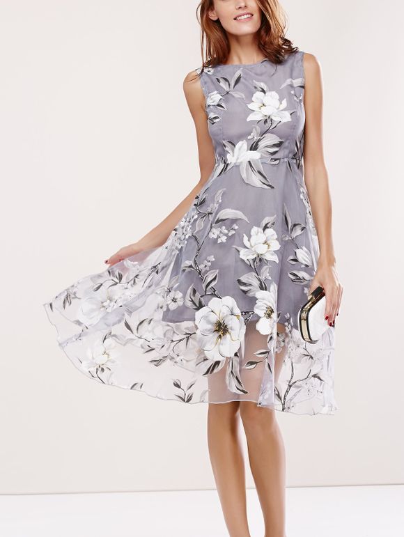 Manches col rond Spliced ​​Floral Print Dress - Gris XL