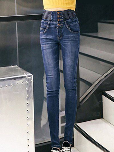 Bleach Wash Elastic Design Bouton femmes s 'Jeans - Bleu profond 28